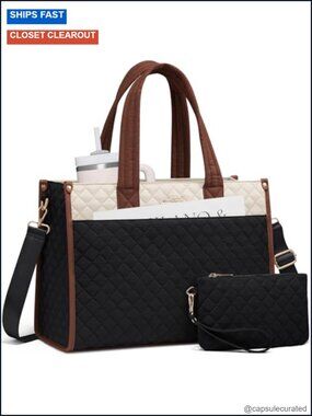 Quilted Laptop Tote Bag for Women, 15.6 Inch Work Bag, Cotton Briefcase,